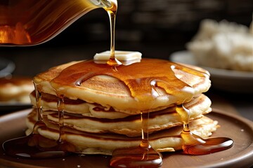 A stack of pancakes with syrup being poured on top - obrazy, fototapety, plakaty