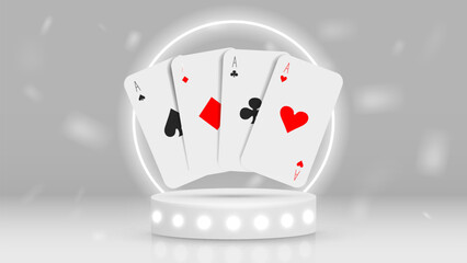 A casino-themed banner with realistic poker cards on a white podium with a neon frame.
