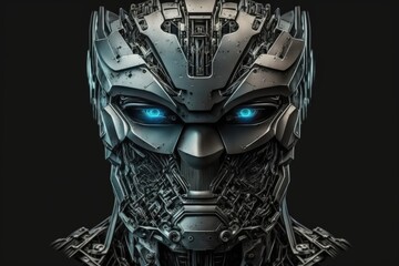 futuristic robot with striking blue eyes against a dark black background. Generative AI