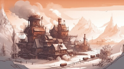 Fototapeta premium old castle in the snow, background, generative, ai, steampunk style
