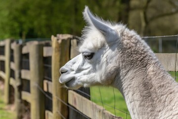 Obraz premium white llama standing next to a wooden fence
