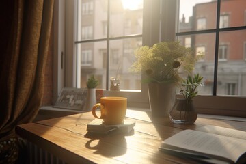 morning coffee on the table in the morning. Generated by AI. - obrazy, fototapety, plakaty