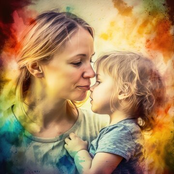 Colorful watercolor painting of a mother hug with her child