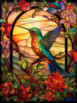 A Stained Glass Window of a Hummingbird | Generative AI