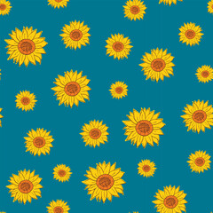 Sunflower Vector Pattern on blue background. Hand Drawn floral print for Textile, Stationery, Wrapping Paper, Wallpaper, Greeting Card