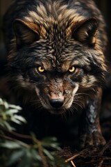 Obraz premium An angry hunting wolf looking at the viewer. Generative AI. 