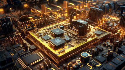 Futuristic rendering of a computer circuit board.