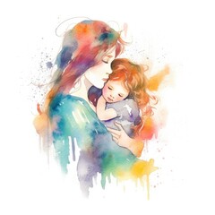 Obraz na płótnie Canvas Colorful watercolor painting of a mother with her child