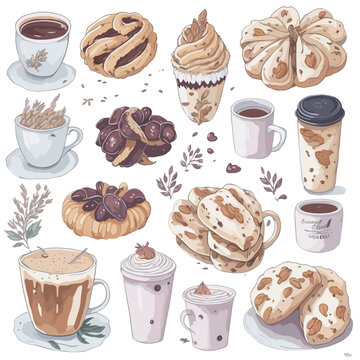 Set with coffee drinks for cafe or coffeehouse menu. Illustration of strong espresso, gentle latte, sweet macchiato and cappuccino, Viennese coffee and glace. Markers, watercolor.