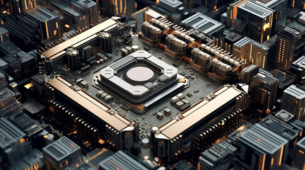 Futuristic rendering of a computer circuit board.