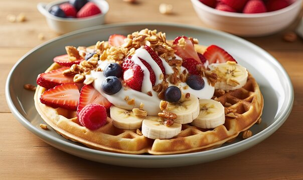  a waffle topped with fruit and yogurt on a plate.  generative ai