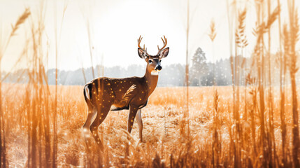 single deer standing in the field outside the forest at daylight