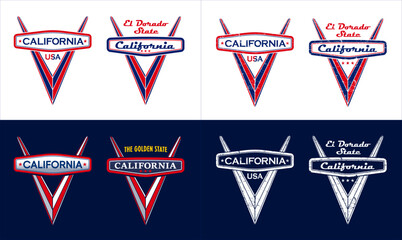 California State print design big set. Isolated on white, dark blue black background, grunge pattern.
Illustration with Golden State, El Dorado State slogans. 