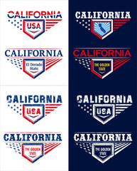 California State print design big set. Isolated on white, dark blue black background, grunge pattern.
Illustration with Golden State, El Dorado State slogans. 