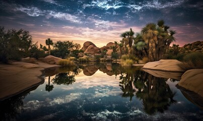  a lake surrounded by palm trees and rocks under a cloudy sky.  generative ai