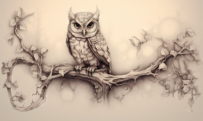 Fototapeta premium a drawing of an owl sitting on a branch of a tree. generative ai