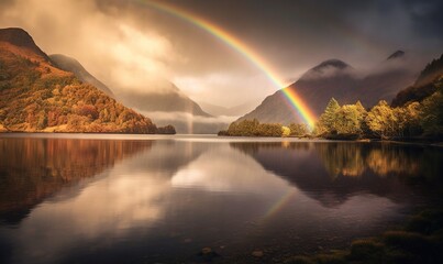  a rainbow over a lake with mountains in the background and clouds in the sky.  generative ai