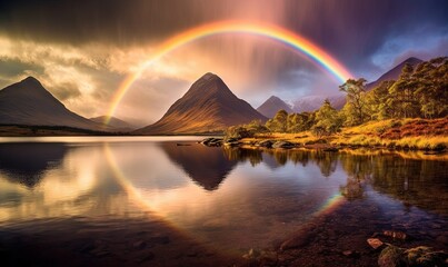  two rainbows over a lake with mountains in the background.  generative ai