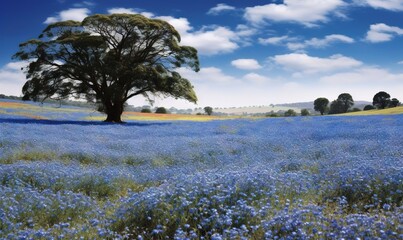  a field of blue flowers with a tree in the middle.  generative ai