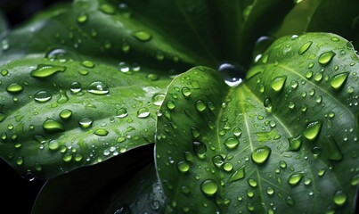  a close up of a green leaf with water droplets on it.  generative ai