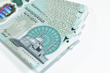 Obverse side of the new Egyptian 20 EGP LE twenty polymer pounds cash money banknote bill features...
