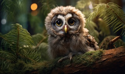  an owl is sitting on a branch in a forest with a blurry background.  generative ai
