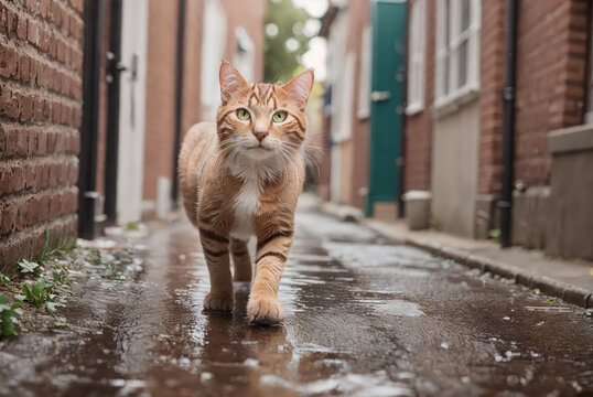 low angle view of a domentic cat walking on wet ground of street between houses, generative AI