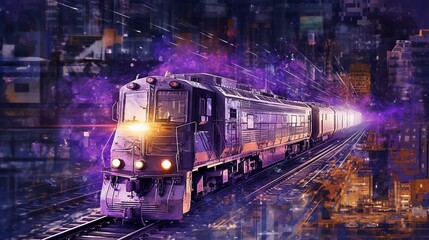 Fototapeta na wymiar A train speeding through a city made of data. Generative AI. 