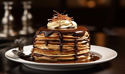  a stack of pancakes covered in chocolate sauce and whipped cream.  generative ai