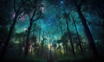 Fototapeta premium a forest filled with lots of trees under a night sky. generative ai