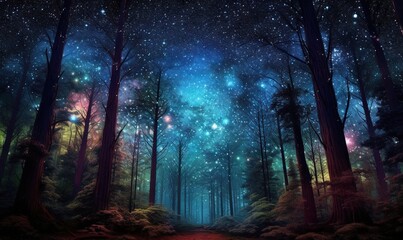  a painting of a forest filled with lots of trees and stars.  generative ai