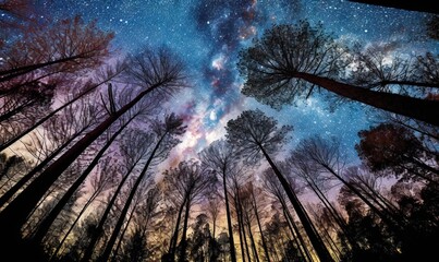  the night sky is filled with stars and clouds above a forest.  generative ai