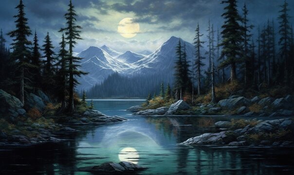  a painting of a mountain lake with a full moon in the background.  generative ai