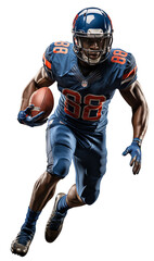 Fototapeta na wymiar A black American football player in a blue helmet and uniform. The player runs with the ball in his hands. Transparent background. Generative Ai