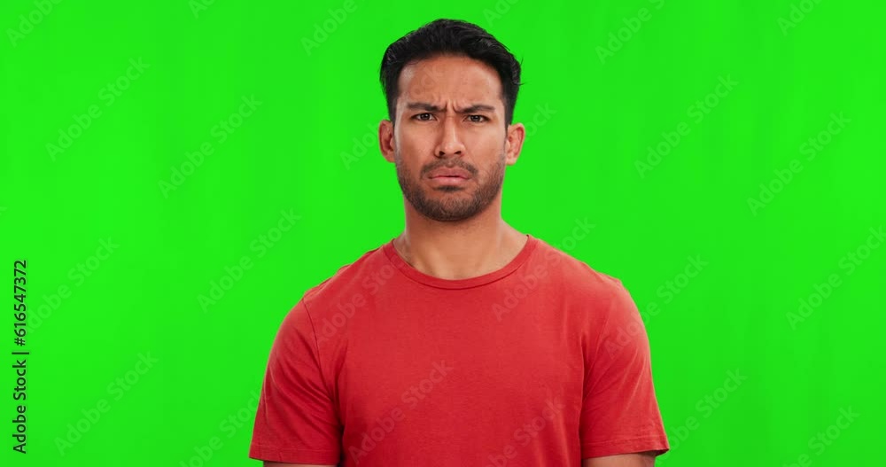 Poster face, confused and shock with a man on a green screen background in studio looking mind blown or sur