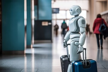 Surreal impact of AI on jobs, fired business people leaving the office. Humanoid AI robots waiting for a new job. Generative AI