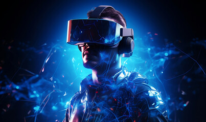 Obraz na płótnie Canvas Man wearing a virtual reality headset in dreamy world. Generative AI