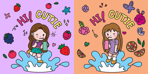 Cute girl with drink, fruit,flower