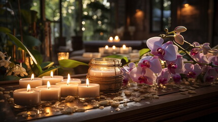 Fototapeta na wymiar relaxing evening cozy thai resort spa salong candles blurred light exotic flowers pool,generated ai