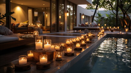 relaxing  evening cozy thai resort spa salong candles blurred light exotic flowers pool,generated ai