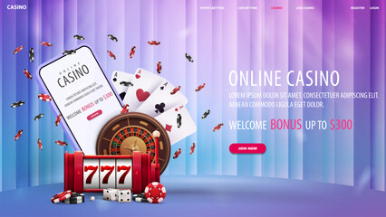 Online casino, light web banner with smartphone, casino slot machine, roulette wheel, poker chips and playing cards on background with curtain