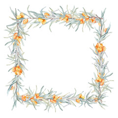 Watercolor frame of branches and orange sea buckthorn berries. Decorative element for greeting card. Illustration