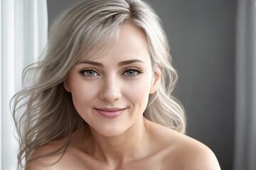Fototapeta premium Portrait of a beautiful woman near window in a bedroom, face close-up. Generative AI.