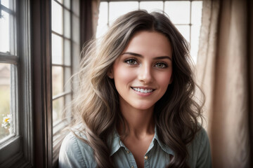 Portrait of a beautiful woman near window in a room of a rustic house. Generative AI.