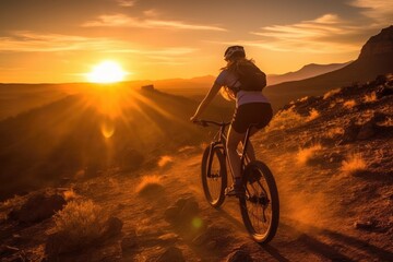Fototapeta premium A low angle, her silhouette framed against the sunset, mountain bike by her side. Generative AI