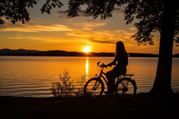 Fototapeta premium A low angle, her silhouette framed against the sunset, mountain bike by her side. Generative AI