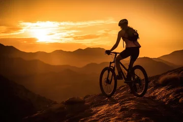 Cercles muraux Montagnes A low angle, her silhouette framed against the sunset, mountain bike by her side. Generative AI