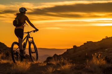 Fototapeta na wymiar A low angle, her silhouette framed against the sunset, mountain bike by her side. Generative AI