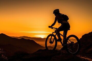 Fototapeta na wymiar A low angle, her silhouette framed against the sunset, mountain bike by her side. Generative AI