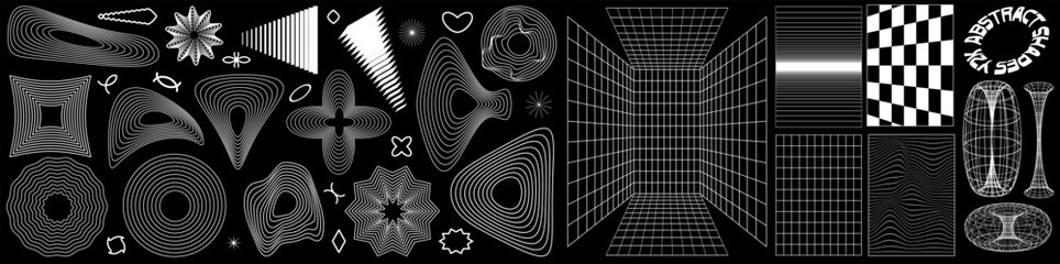 Abstract isolated shapes in y2k style. Retrofuturistic rave psychedelic wireframe, perspective grids and cyberpunk elements. Vector illustration on black background.  - obrazy, fototapety, plakaty